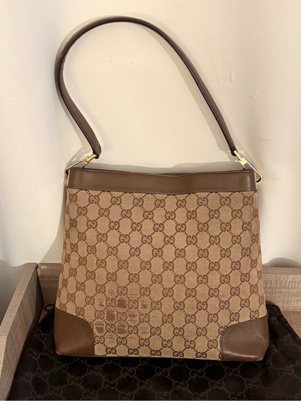Vintage Gucci Beige and Brown GG Canvas Shoulder Bag with leather strap and trim